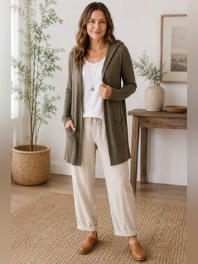Tucker + Tate Olive Hooded Open-Front Women's Long Cardigan Layering Lagenlook